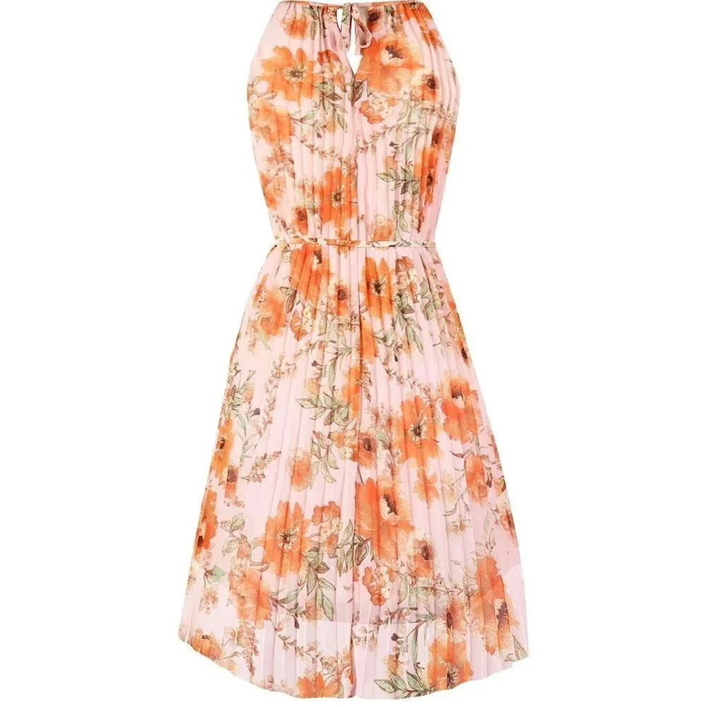 Women's Summer Spaghetti Strap Pleated Casual Swing Midi Dress with Belt - Picture 2 of 6